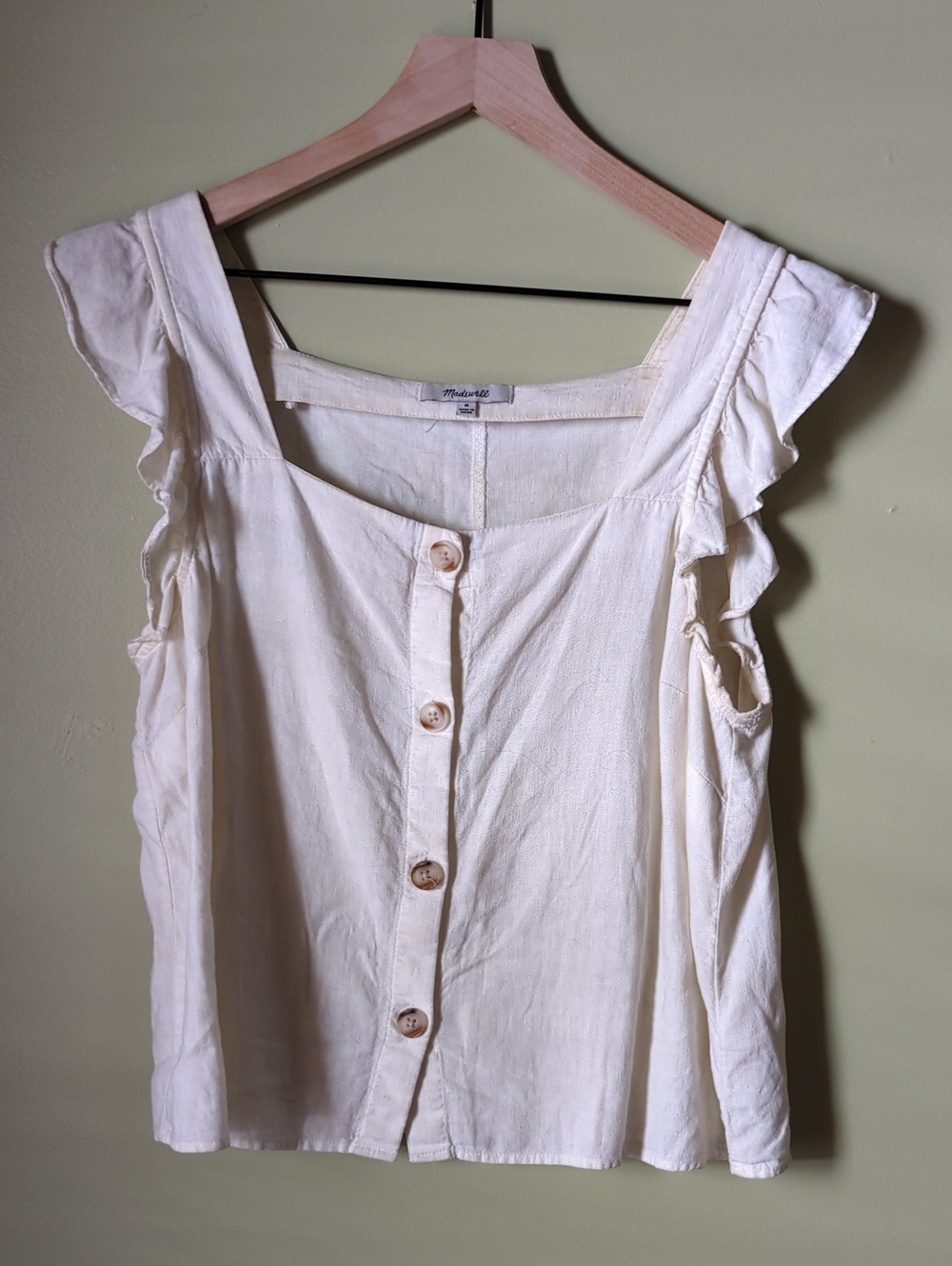 Madewell Cream Button-Front Linen Ruffle Shoulder Tank
